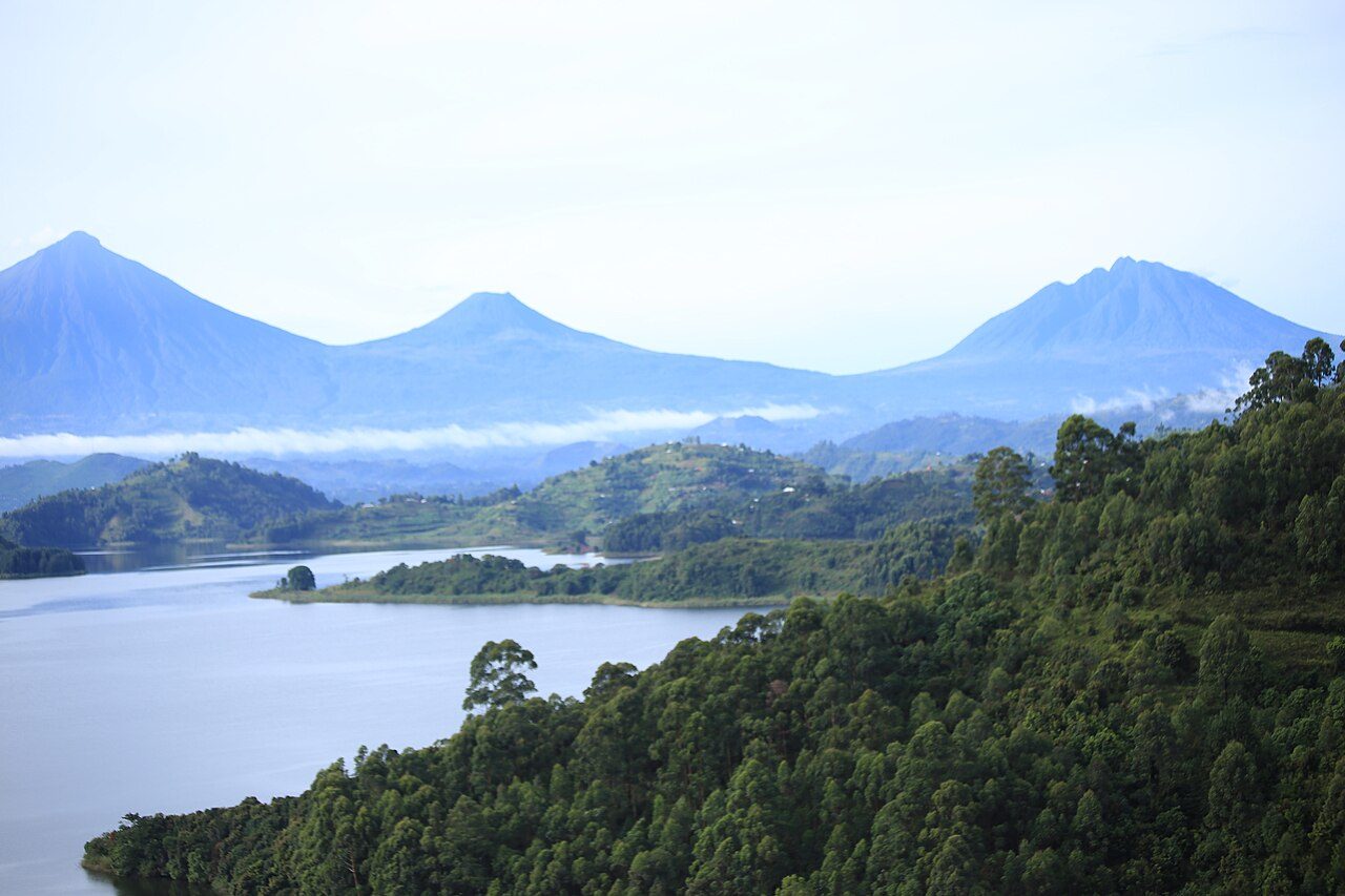 Virunga volcanoes above Lake Mutanda, on the road to Mgahinga