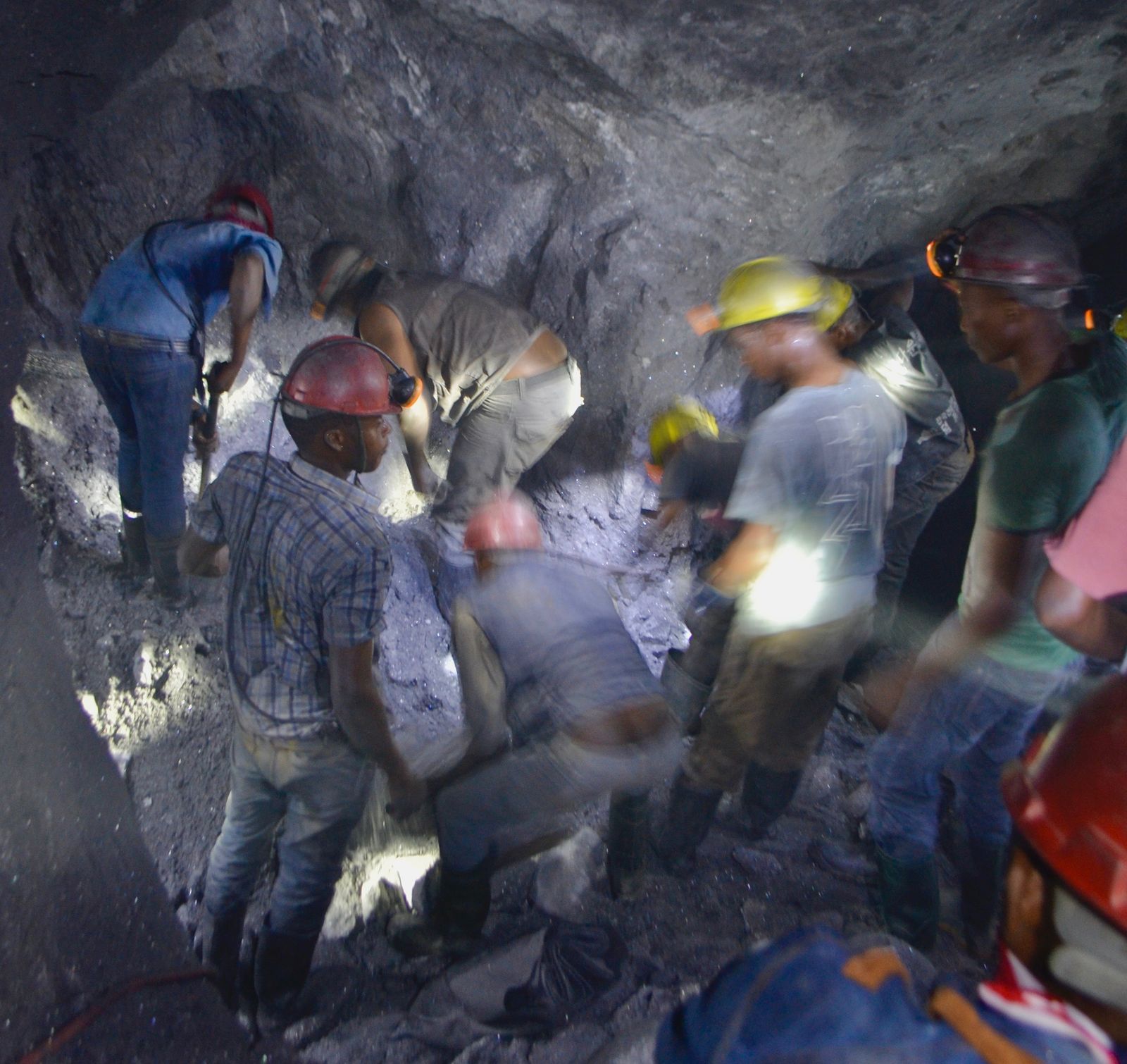 Miners working an active tanzanite tunnel in the Mererani Hills